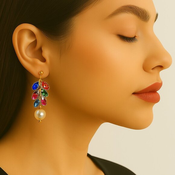 Gold-Tone Colorful Stone Cluster Drop Earrings – Boho Beaded Disc Dangle Jewelry - Picture 1 of 5